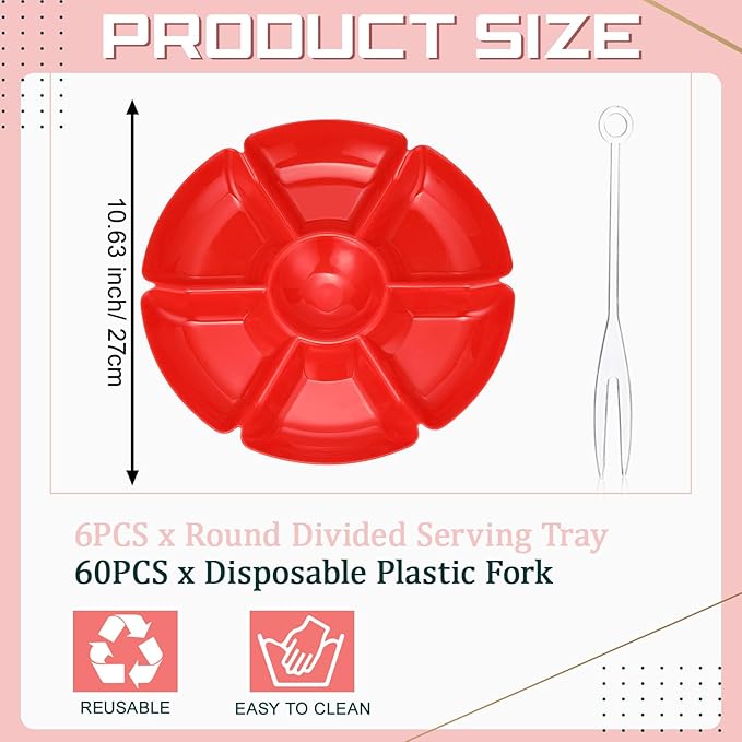 Zhehao 6 Pcs Plastic Divided Serving Trays with 60 Pcs Disposable Fork, 7 Compartments Round Chip Dip Plate, Petal Shape Platter, 10.6'' Snacks Serving Dish for Party Candy Nuts Fruits (Red)