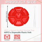Zhehao 6 Pcs Plastic Divided Serving Trays with 60 Pcs Disposable Fork, 7 Compartments Round Chip Dip Plate, Petal Shape Platter, 10.6'' Snacks Serving Dish for Party Candy Nuts Fruits (Red)