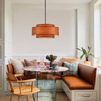 Farmhouse 19.7" Drum Wooden Chandelier Vintage 4-Lights Modern Chandelier with Wood Finish Linen Shade Retro Drum Chandeliers for Dining Room, Kitchen Island, Living Room, Bedroom