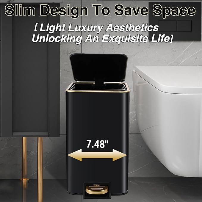 Black Bathroom Accessories 8 Piece Black and Gold Bathroom Set, Bathroom Accessories with Stainless Steel Bathroom Trash Can,Toilet Brush,Toothbrush Set,Soap Dispenser