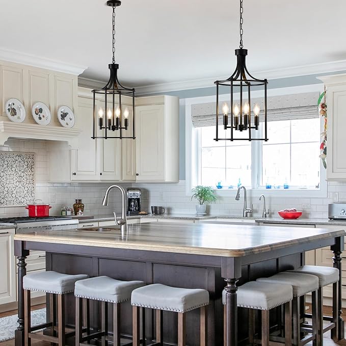 4-Light Black Chandeliers for Dining Room, Foyer Chandeliers Lantern Tiered Industrial Ceiling Light Metal Modern Farmhouse Pendant Lights for Kitchen Island Entryway, Living Room