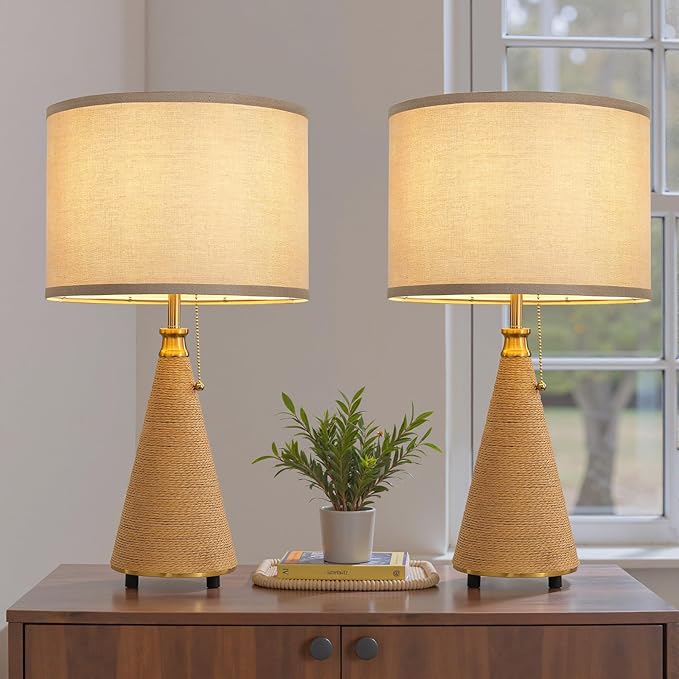 Rattan Lamp Boho Table Lamp - 23.62" Bedside Table Lamps for Bedroom Rustic Handmade Woven Lamp Nightstand Lamps with Pull Chain for End Table, Living Room, Farmhouse - E26 Socket (Beige-2PCS)