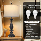 28" Tall Farmhouse Table Lamps for Living Room Set of 2,Vintage Rustic Black Bedside Touch Lamp with USB C+A Ports & AC Outlet, 3-Way Dimmable Resin Nightstand Lamp for Bedroom Entryway Office