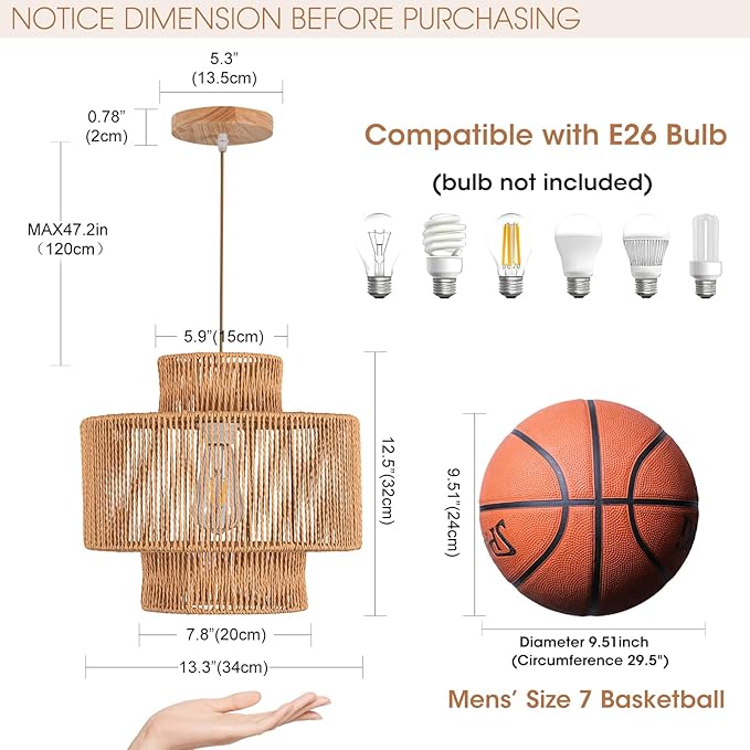 Rattan Pendant Light Fixture Boho Hanging Light Woven Rattan Ceiling Light Adjustable Basket Light Fixture for Kitchen Island Hallway Bedroom Dinning Table Nursery Light