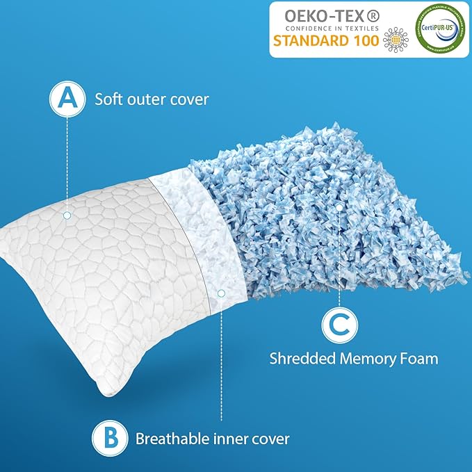 Side Sleeper Pillow for Adults, King Size Cooling Pillow for Neck and Shoulder Pain Relief, Adjustable Firm Soft Shredded Memory Foam Pillows for Side Back Stomach Sleepers, Bed Pillows for Sleeping