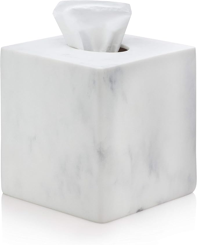 Essentra Home White Marble Square Tissue Box Cover - Blanc Collection