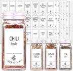 SWOMMOLY 48 Glass Spice Jars with 806 White Spice Labels, Chalk Marker and Funnel Complete Set. Empty Square Spice Bottles 4 oz, Spice Containers with Pour/sift Shaker Lid, Airtight Cap