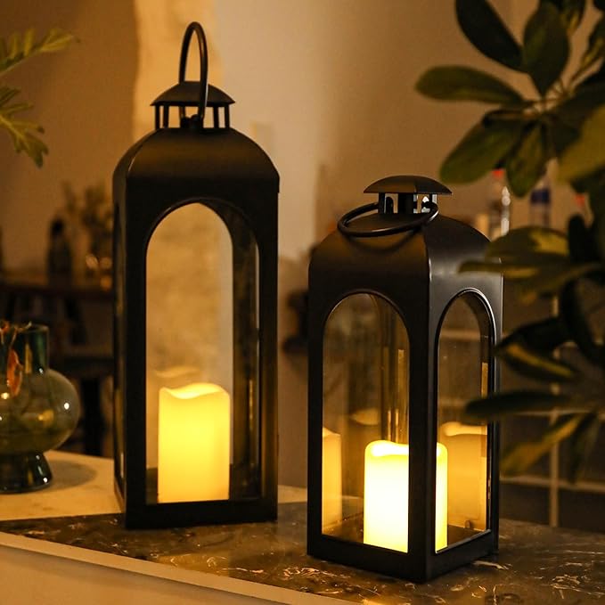 Bdor 16 Inches Metal and Stainless Steel Glass Decorative Lantern with Electronic Wax Effect - Indoor/Outdoor Decorative Lighting, Handcrafted Aesthetic, Perfect for Home, Parties, and Holiday Decor