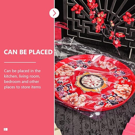 Cabilock Serving Platter Chinese Food Tray Red Wedding Serving Tray Fruit Plate Fruit Snack Storage Holder for Home Kitchen and Wedding Snack Round 13X2. 9inch Chinese Candy Boxes
