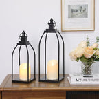 DARJEN Modern Farmhouse Lantern Decor Outdoor & Indoor- 17'' 14'' Black Metal Candle Lanterns for Christmas, Lanterns Decorative with 2 Flameless Candles for Porch,Patio,Home,Fireplace Mantle Decor