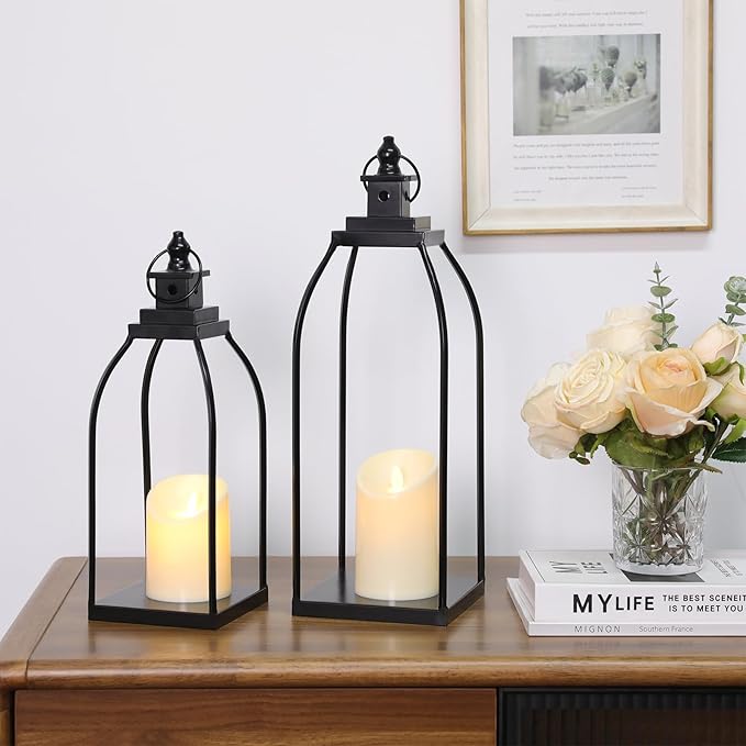 DARJEN Modern Farmhouse Lantern Decor Outdoor & Indoor- 17'' 14'' Black Metal Candle Lanterns for Christmas, Lanterns Decorative with 2 Flameless Candles for Porch,Patio,Home,Fireplace Mantle Decor