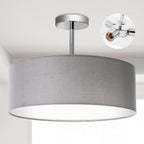 SomSom Ceiling Light, Semi-Flush Mount Modern Fabric Pendant Light Shade, Large Grey Drum Lampshade, Round Pendant Lamp, Lamps for bedrooms, Flush Chrome Matt, 3 Bulbs