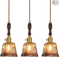 Amber Glass Vintage Pendant Light Height Adjustable Handmade Glass Pendant Lights Kitchen Island Gold Hanging Light Fixture with Wood Handle for Bedroom Dining Room Hotel (3 Pack)