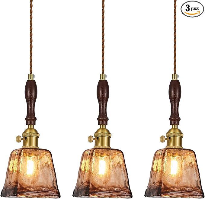 Amber Glass Vintage Pendant Light Height Adjustable Handmade Glass Pendant Lights Kitchen Island Gold Hanging Light Fixture with Wood Handle for Bedroom Dining Room Hotel (3 Pack)