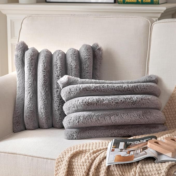 Faux Fur Plush Throw Pillow Covers 12x20 Inch Set of 2 - Luxury Decorative Fuzzy Striped Soft Cozy Pillowcase for Couch, Sofa, Living Room - Darkgrey