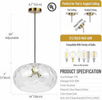 Large Glass Pendant Lighting, 14" Hammered Lampshade Hanging Lamp, 3-Light Brass Gold Chandelier for Dining Living Room Kitchen Island (Clear Glass Shade, 14 Inches)
