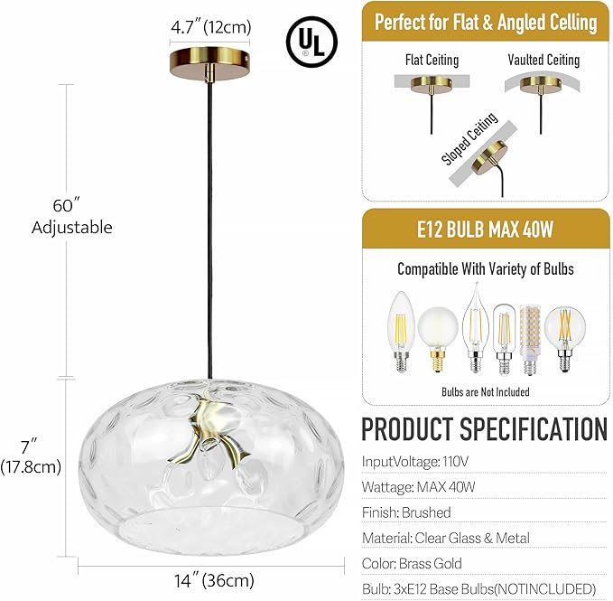 Large Glass Pendant Lighting, 14" Hammered Lampshade Hanging Lamp, 3-Light Brass Gold Chandelier for Dining Living Room Kitchen Island (Clear Glass Shade, 14 Inches)