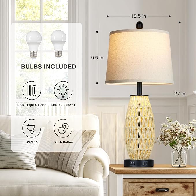 UXEFLOW 27" Beige Rattan Lamps with Night Light, Coastal Bedside Table Lamps Set of 2, Woven Wicker Bedroom Nightstand Lamp with USB A+C Charging Port & AC Outlet, Tall Farmhouse Lamp for Living Room