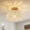 Boho Ceiling Light Fixture Rattan Flush Mount Ceiling Light Bedroom Chandelier Hand-Woven Lamp Shade Wooden Base Small Chandelier Boho Ceilings Lamp for Hallway Nursery Kitchen
