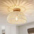 Boho Ceiling Light Fixture Rattan Flush Mount Ceiling Light Bedroom Chandelier Hand-Woven Lamp Shade Wooden Base Small Chandelier Boho Ceilings Lamp for Hallway Nursery Kitchen