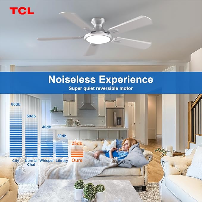 TCL Ceiling Fans with Lights, 52 Inch Low Profile Ceiling Fan with Light and Remote Control, Flush Mount, DC Reversible Motor, Noiseless, 6 Speeds Ceiling Fan for Bedroom (Silver)