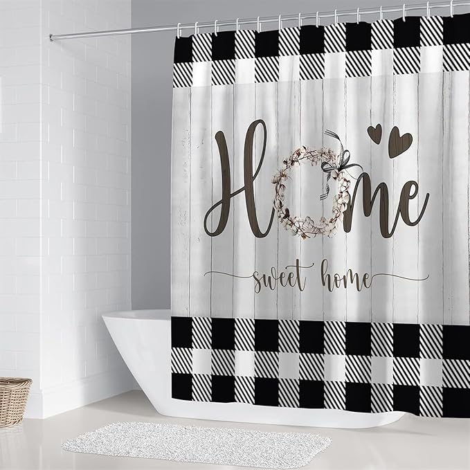 Black and White Plaid Farmhouse Shower Curtain Home Sweet Home Rustic Floral Bathroom Curtains Waterproof Polyester Fabric Bath Curtain 72 x 72 Inch with 12 Hooks