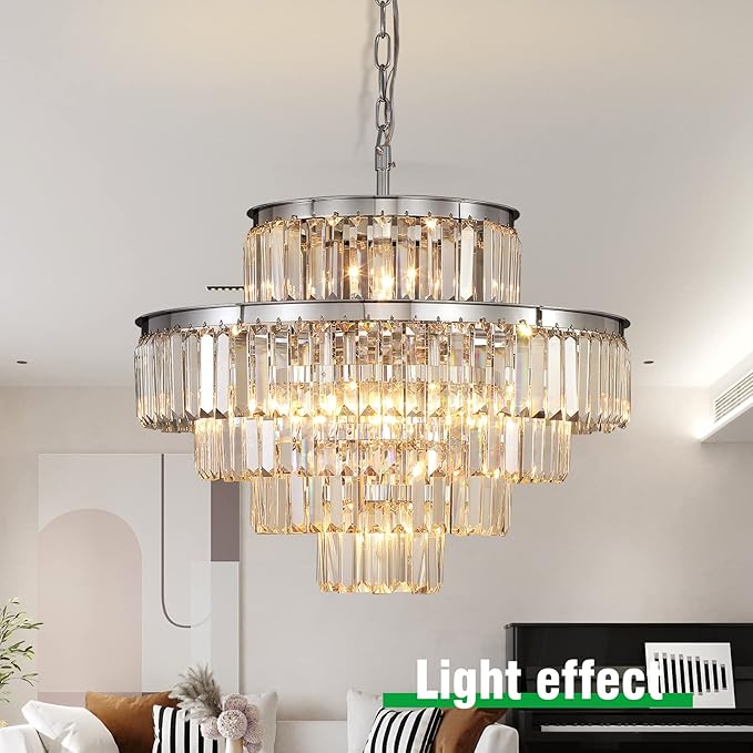 Chrome Modern Style Crystal Chandeliers & LightsRound Hanging Classic, Pendant Ceiling Chandelier Lighting Fixture 5-Tier for Dining Room Living Room(Chrome,24 inch)
