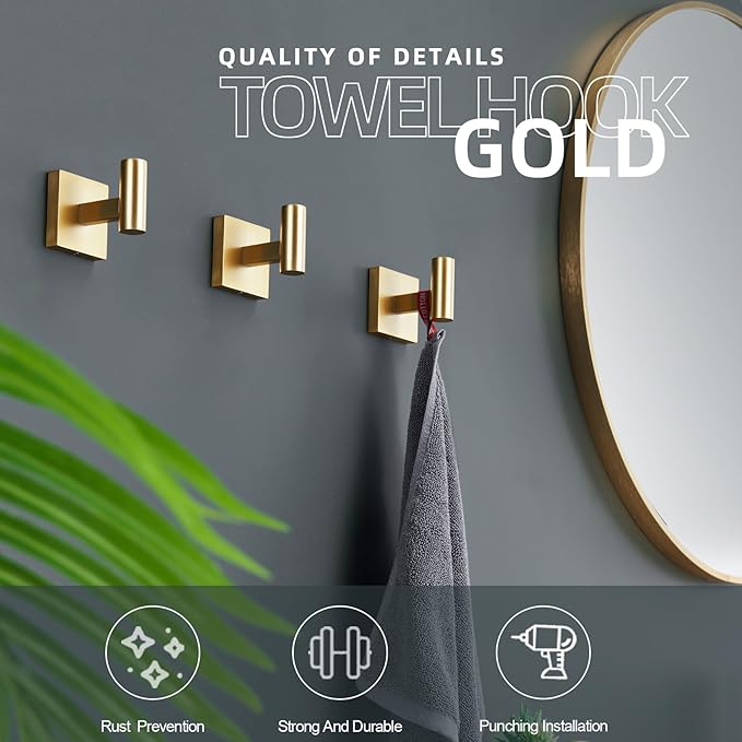 KOKOSIRI Robe Hooks Bathroom Towel Coat Hook for Bath Kitchen Wall 3 Pack Brushed Gold Stainless Steel B1013BG-P3