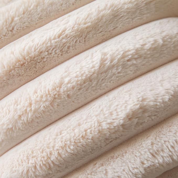 Faux Fur Plush Throw Pillow Covers 24x24 Inch Set of 2 - Luxury Decorative Fuzzy Striped Soft Cozy Pillowcase for Couch, Sofa, Living Room - Beige