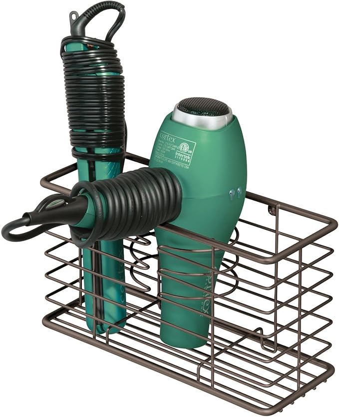 mDesign Steel Wall Mount Hair Dryer Storage Organizer - Hair Styling Tool Basket for Bathroom and Bedroom - Holds Hair Dryer, Flat Iron, Curling Wand, Hair Straightener - Linelle Collection - Bronze