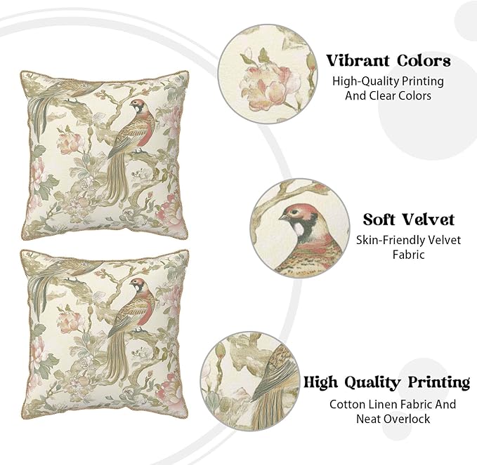Vintage Bird Floral Soft Velvet Throw Pillow Covers Set of 2 Cream Chinoiserie Flowers Leaves Decorative Pillow Covers 20x20 Inch Retro Farmhouse Pillow Case With Gold Trim For Sofa Couch Home Decor