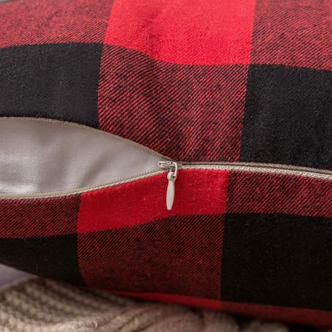MIULEE Pack of 2 Christmas Classic Farmhouse Buffalo Check Plaids Polyester Linen Soft Soild Decorative Porch Throw Pillow Covers Home Decor Cushion Case for Sofa Bedroom 18x18 Inch, Black and Red