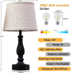 Table Lamps Set of 2, Bedside Nightstand Lamps with USB Charging Ports, 3 Way Dimmable Touch with Linen Fabric Lampshade, Modern Small Lamp for Bedrooms, Living Room (Bulbs Included)