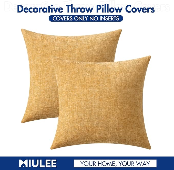 MIULEE Pack of 2 Couch Throw Pillow Covers 20x20 Inch Soft Beige Yellow Chenille Pillow Covers for Sofa Living Room Solid Dyed Pillow Cases