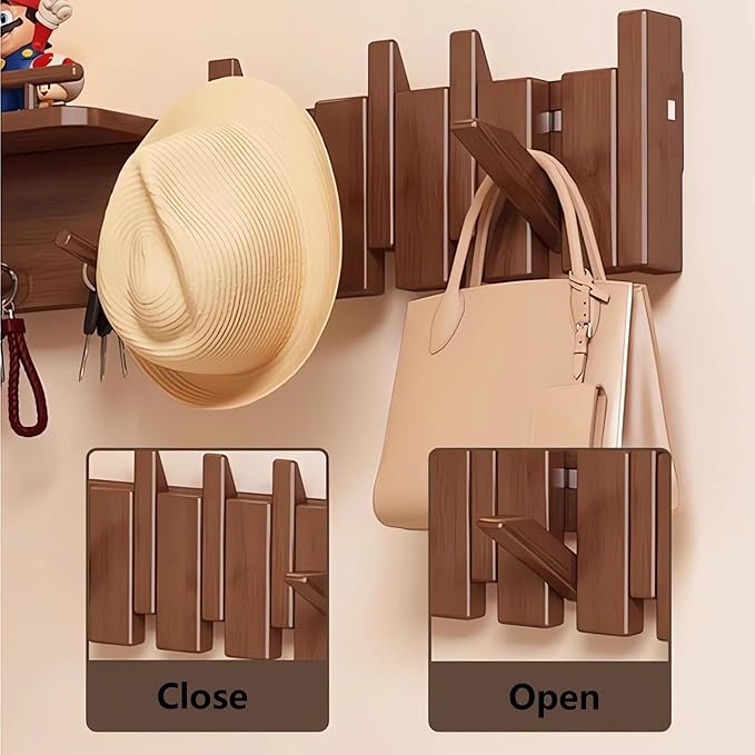 Wall Mounted Piano Key Hanger | Flip Style Hook | Entrance Wall Art Hook, Made of Oak Wood (3 Times Painted, 4 Times Polished) (Fence Beech, 10Hooks)