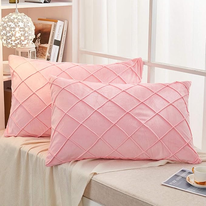 JAUXIO Diamond Pinch Pleated Crystal Velvet Pillowcases 2 Pack Solid Pintuck Throw Cushion Cover for Home Decor Hidden Zipper Closure (Pink, King)