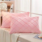 JAUXIO Diamond Pinch Pleated Crystal Velvet Pillowcases 2 Pack Solid Pintuck Throw Cushion Cover for Home Decor Hidden Zipper Closure (Pink, King)