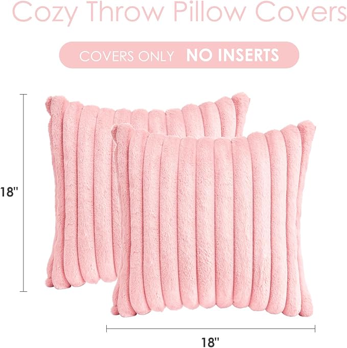 Throw Pillow Covers Decorative Faux Fur Set of 2 18x18 Inch Pillow Covers, Soft Pink Striped Pillowcases for Couch Sofa Bed Living Room, Fluffy Cute Home Boho Accent Fuzzy Decor