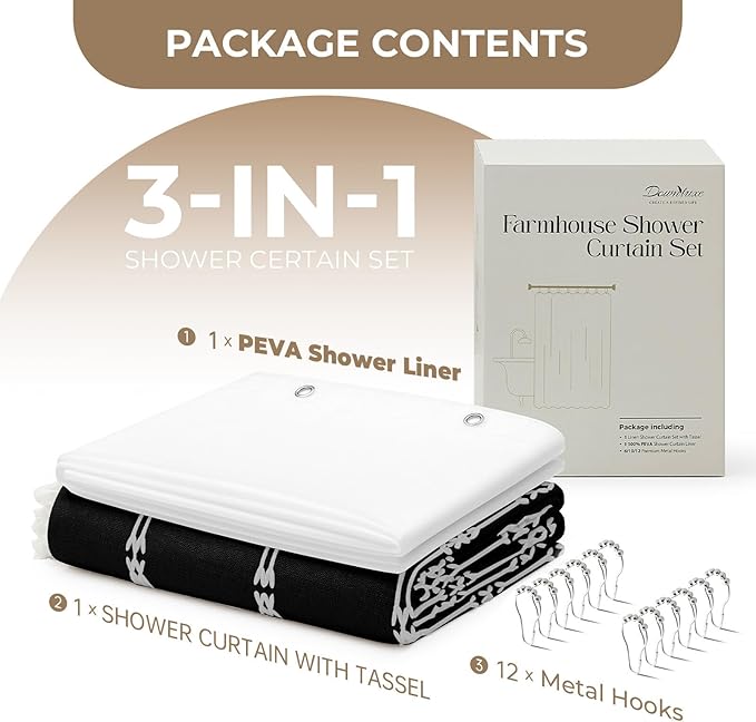 downluxe Linen Texture 3 in 1 Farmhouse Shower Curtain Set with Tassel, Boho Fabric Shower Curtains for Bathroom, Black, 72W x 96L
