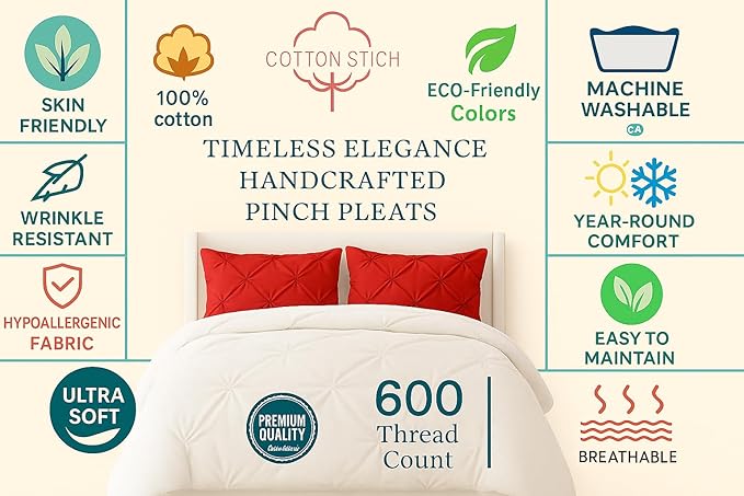 COTTON STICH Pinch Pleated Standard Pillow Shams Set of 2 Red 600 Thread Count Super Soft Red Pinch Pillow Shams Standard 20" x 26" Size 100% Egyptian Cotton Decorative Pillow Covers Set
