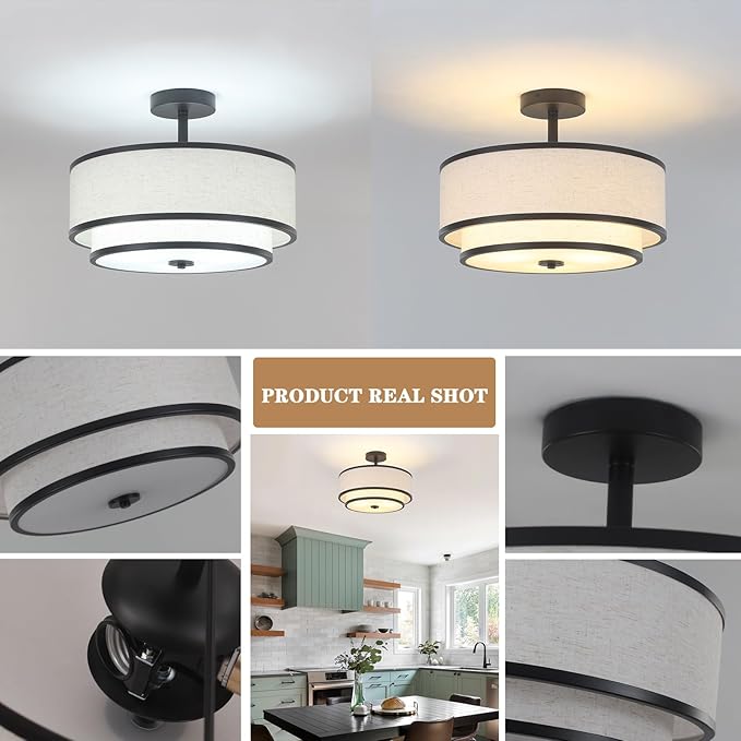 BUXVRCS Semi Flush Mount Ceiling Light Fixture, Modern Light Fixtures Ceiling Mount with Fabric Shade, 3-Light Double Drum Lighting Fixtures Close to Ceiling Light for Bedroom (Black)