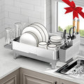 Dish Drying Rack, 304 Stainless Steel Dish Racks for Kitchen Counter, Dish Drainers with Automatic Drainage, Utensil Holder & Cups Holder, Space Saving Kitchen Organizer, Gray