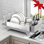 Dish Drying Rack, 304 Stainless Steel Dish Racks for Kitchen Counter, Dish Drainers with Automatic Drainage, Utensil Holder & Cups Holder, Space Saving Kitchen Organizer, Gray