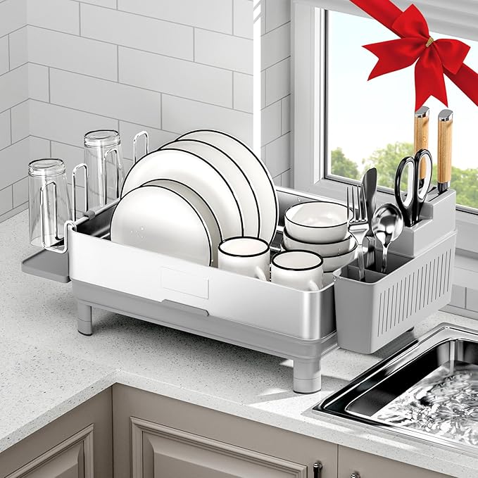Dish Drying Rack, 304 Stainless Steel Dish Racks for Kitchen Counter, Dish Drainers with Automatic Drainage, Utensil Holder & Cups Holder, Space Saving Kitchen Organizer, Gray