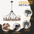 Farmhouse Wagon Wheel Chandelier 31" Black Rustic Light Fixtures 12-Light Wood Round Chandelier for Dining Room Living Room Entryway Foyer