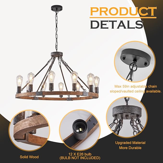 Farmhouse Wagon Wheel Chandelier 31" Black Rustic Light Fixtures 12-Light Wood Round Chandelier for Dining Room Living Room Entryway Foyer