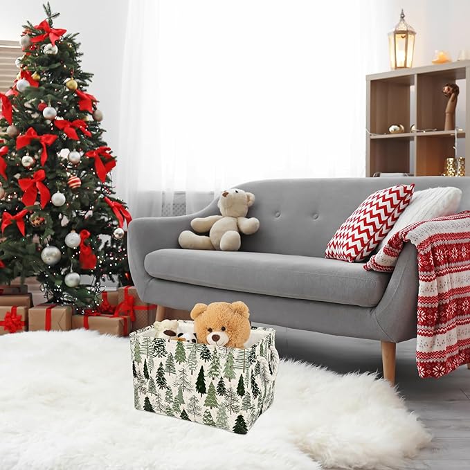 2Pcs Christmas Rectangle Storage Basket 15 x 10.2 x 9.4 In Xmas Pine Tree Foldable Open Toy Organizer Bag with Handle Large Laundry Dirty Cloth Storage Bin for Bedroom Shelves Closet