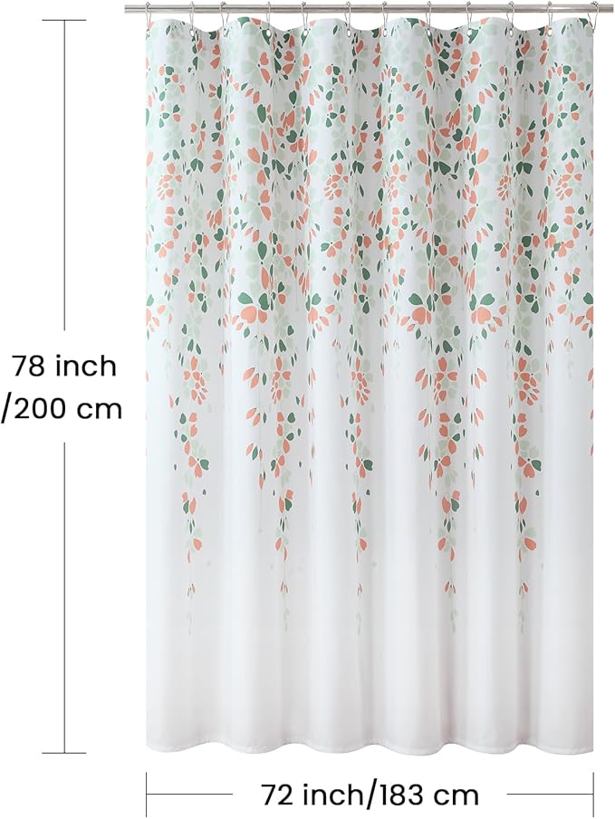 Fabric Floral Shower Curtain, 78 Inch Long Orange and Sage Green Flower Waterproof Bathroom Shower Curtains, 72" W x 78" H
