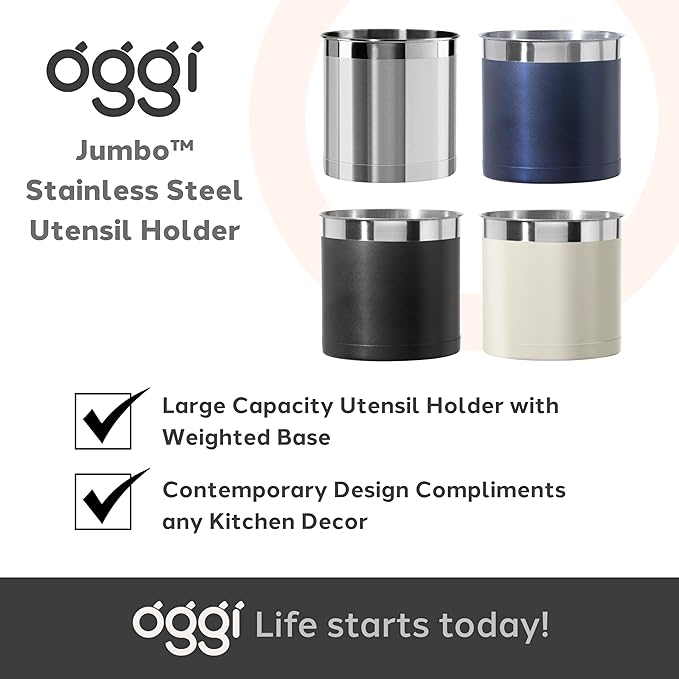 OGGI Stainless Steel Jumbo Utensil Holder - 7" Utensil Caddy, Weighted Base for Stability - Extra Large Utensil Crock and Countertop Utensil Organizer, Turquoise