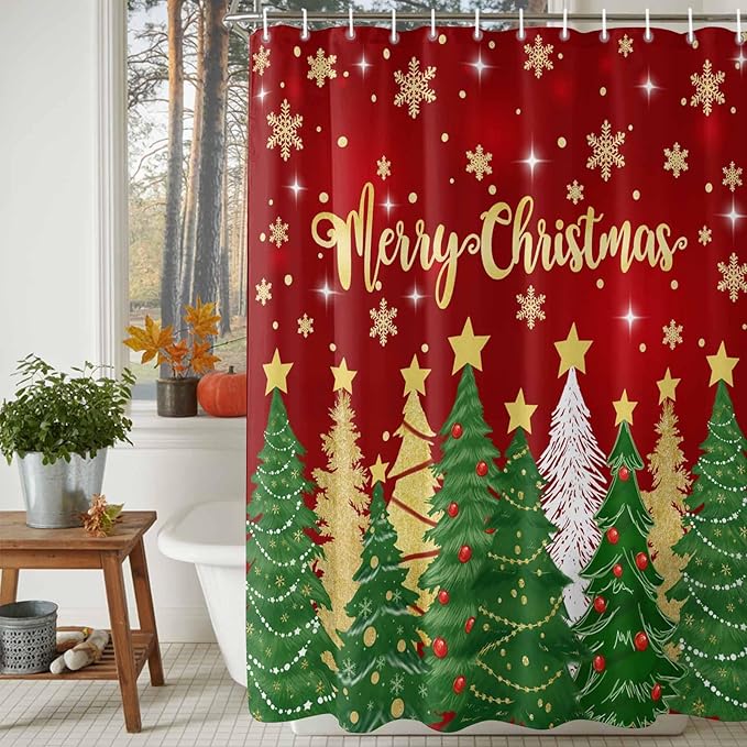 Vandarllin Christmas Shower Curtain, Merry Christmas Shower Curtains Set with Hooks, Gold Star Xmas Tree Snowflakes Waterproof Bathroom Curtains Xmas Holiday Decor Home Accessories,Stall 48 X 72 Inch